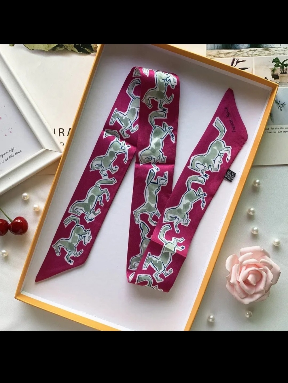 Chic Pink Horse Print Silk Twilly Scarf For Hand Bags( Box Not included)